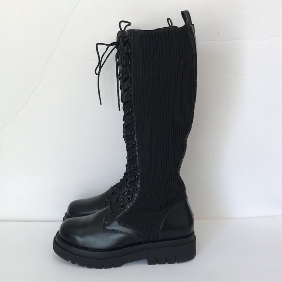 ASOS Truffle Collection Black Knee High Vegan Leather and Knitted Chunky Boots - Picture 3 of 8